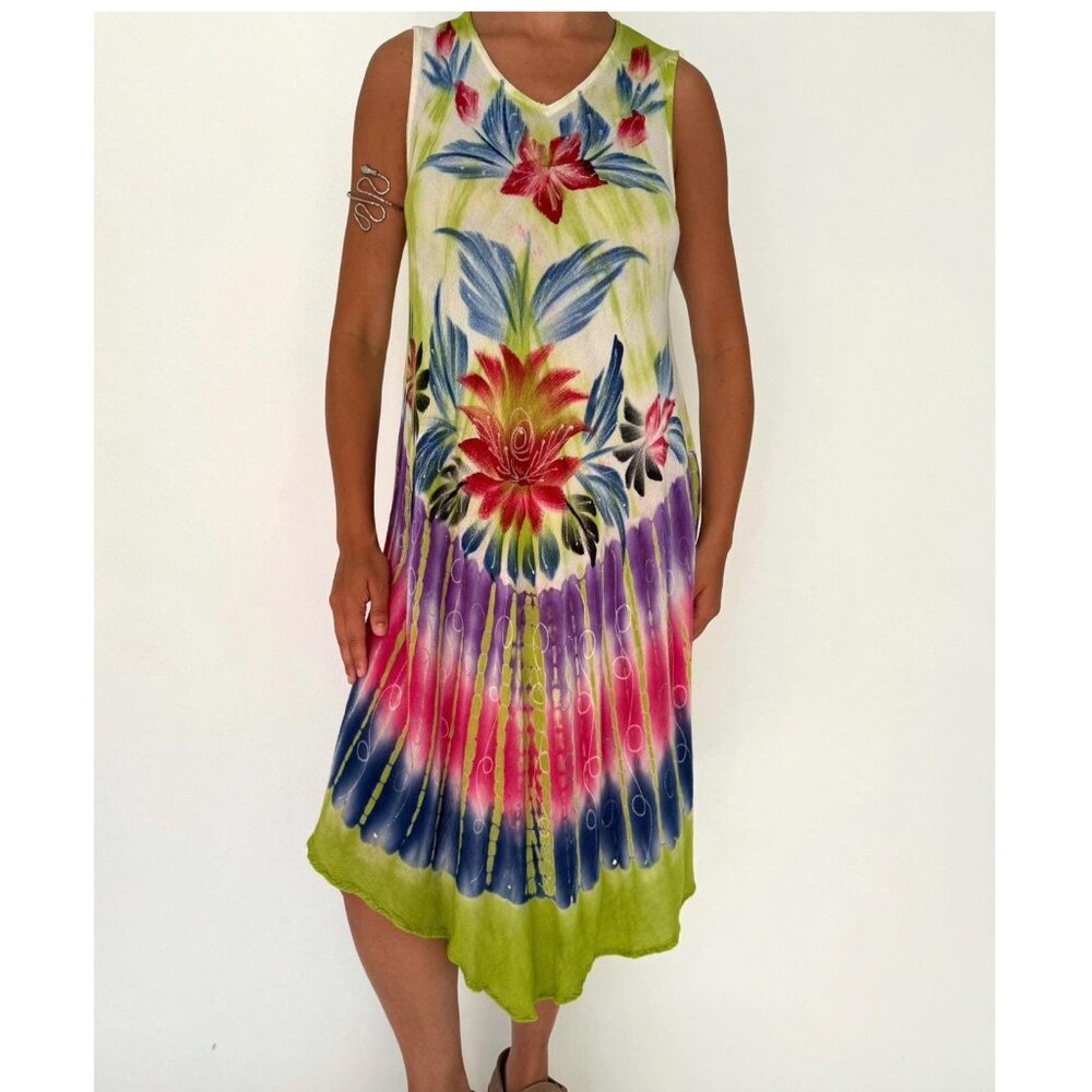 90s vintage colorful tie dye hand painted  beach vacation flowy dress cover up